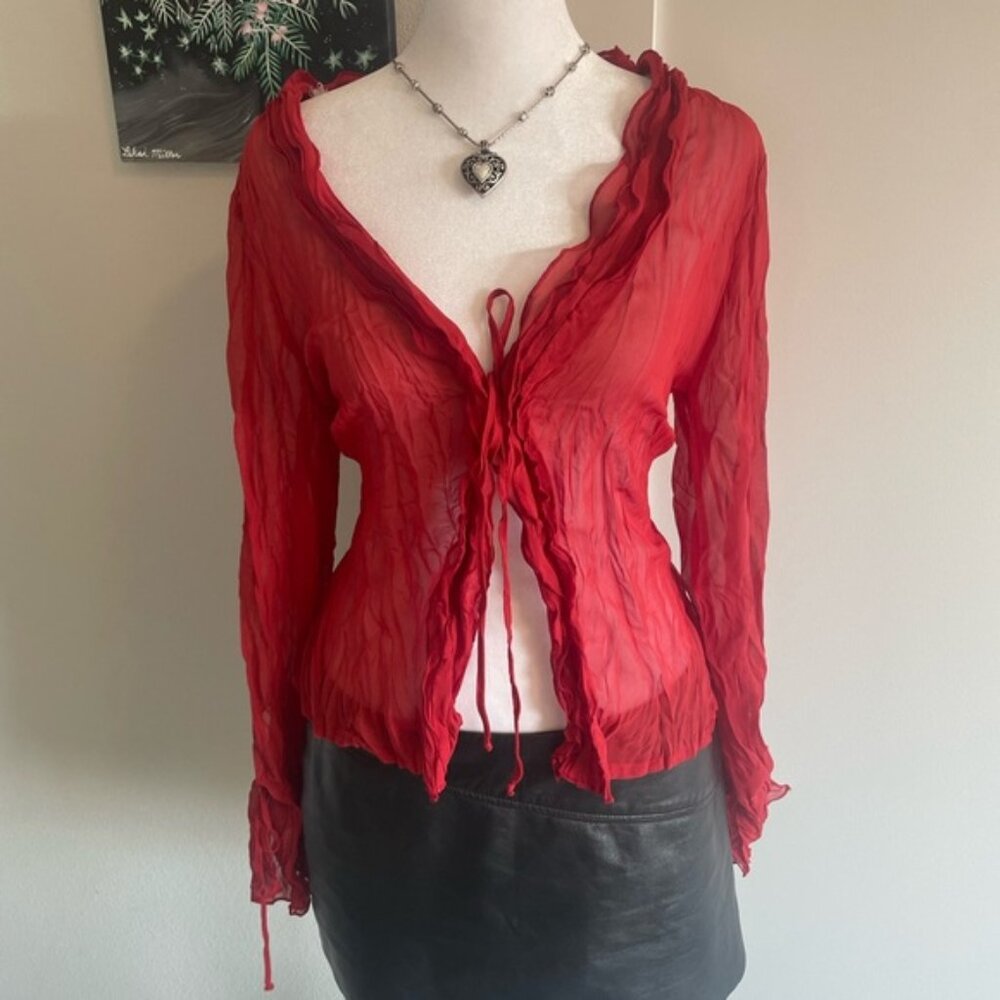red  mesh tie front accordian blouse